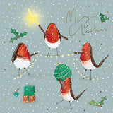 Cartes de Noël - 10 cartes - Rouge-gorges avec guirlandes lumineuses / Rouge-gorges et cadeaux de Noël