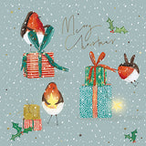 Cartes de Noël - 10 cartes - Rouge-gorges avec guirlandes lumineuses / Rouge-gorges et cadeaux de Noël