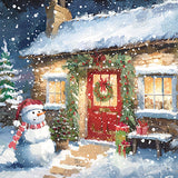 Cartes de Noël - 10 cartes - Bonhomme de neige et porte rouge / Bonhomme de neige et porte bleue