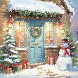 Cartes de Noël - 10 cartes - Bonhomme de neige et porte rouge / Bonhomme de neige et porte bleue