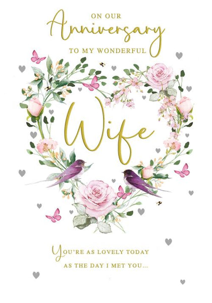 Anniversary Card - Wife Anniversary - Rose Heart/Swallows from Nigel Quiney Publications, English Cards in France