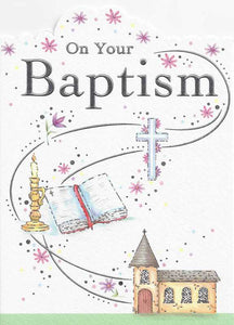 Christening Card - Your Baptism Church, Cross, Bible & Candle
