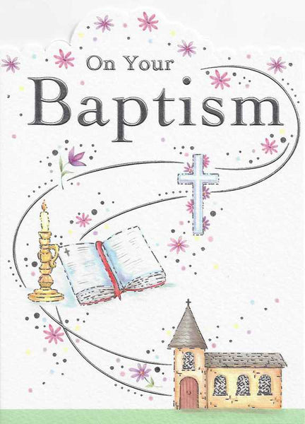 Christening Card - Your Baptism Church, Cross, Bible & Candle