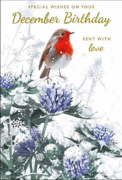 Christmas Card - December Birthday - Robin/Blue Thistlefrom Nigel Quiney Publications, English Christmas Cards in France