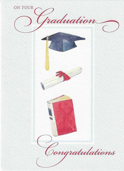 Congratulations Card - Graduation - Hat, Scroll & Book