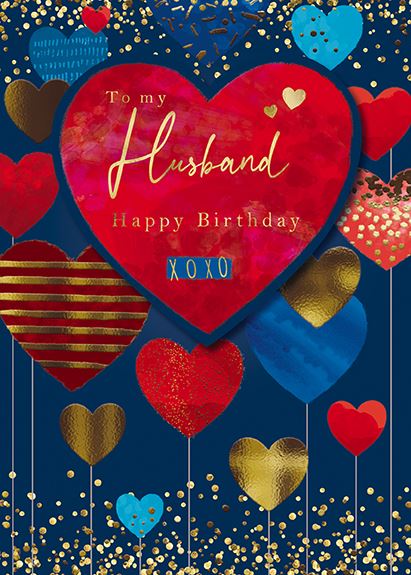 Husband Birthday - Big Red And Blue Heart Balloons With Big Heart Tip On from the Great British Card Company, English Cards in France