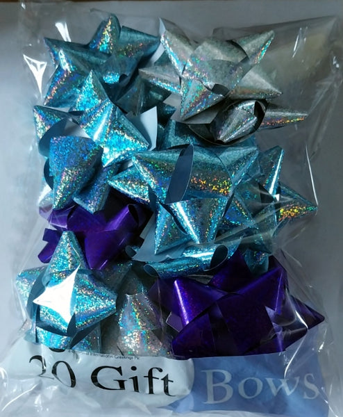 Pack of 20 holographic gift bows in blue, silver, and purple colors with a star shape design.