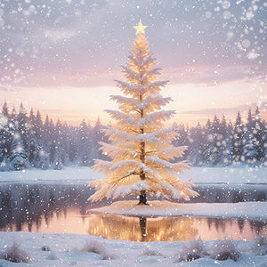 Christmas Cards - 16 Luxury Cards - Snow Covered Xmas Tree And Lake Scene