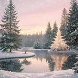 Christmas Cards - 16 Luxury Cards - Snow Covered Xmas Tree And Lake Scene