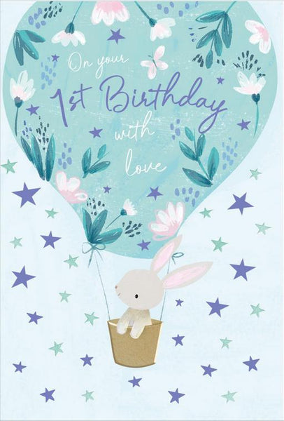 Age 1 - 1st Birthday - Bunny Blue Balloon from Nigel Quiney Publications, English Cards in France