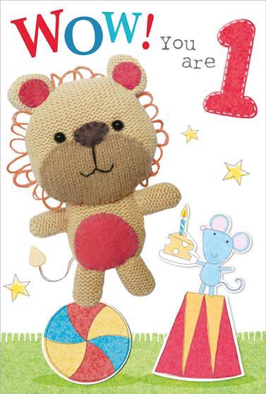 Age 1 - 1st Birthday - Knitted Lion/Mouse from Nigel Quiney Publications, English Cards in France