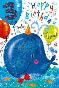 Age 3 - 3rd Birthday - Funky Whale Activity Card from Nigel Quiney Publications, English Cards in France