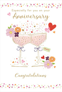 Anniversary Card - Your Anniversary - Glasses & Hearts from Nigel Quiney Publications, English Cards in France