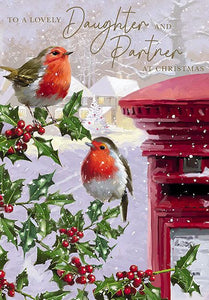 Christmas Card - Daughter and Partner - Two Robins On Holly Branch