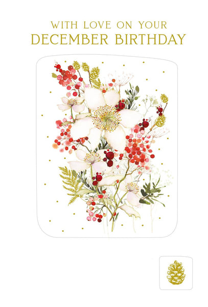 Christmas Card - December Birthday - Xmas Rose/Berries Press from Nigel Quiney Publications, English Cards in France