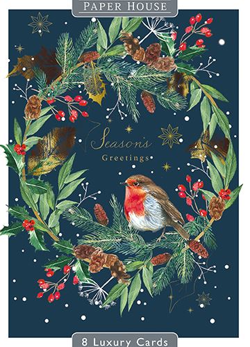 Christmas Cards - 8 Luxury Cards - Robins On Wreath