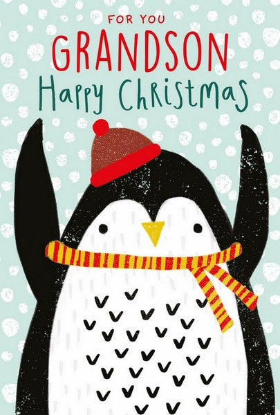 Christmas Card - Grandson - Happy Penguin from Nigel Quiney Publications, English Cards in France