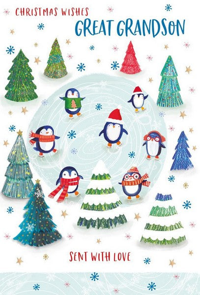 Christmas Card - Great-Grandson - Skating Penguins from Nigel Quiney Publications, English Cards in France