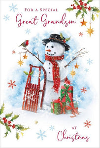 Christmas Card - Great-Grandson - Snowman/Sleigh from Nigel Quiney Publications, English Cards in France