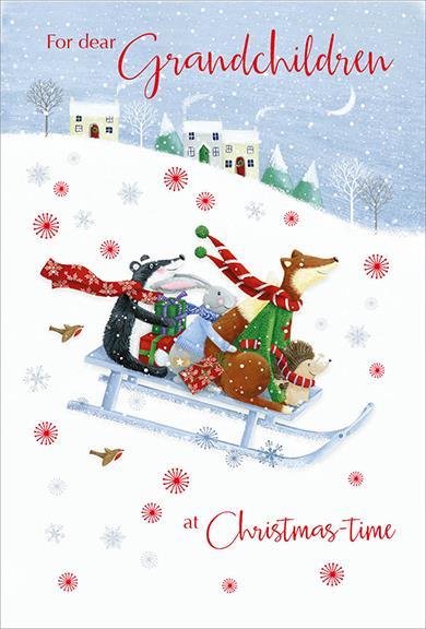 Christmas Card - Grandchildren - Sledging Friends