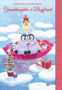 Christmas Card - Granddaughter and Boyfriend - Penguins Umbrella