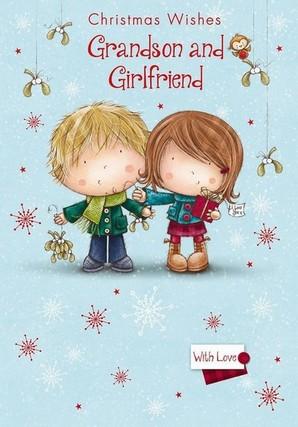 Christmas Card - Grandson and Girlfriend - Young Couple/Mistletoe from Nigel Quiney Publications, English Cards in France