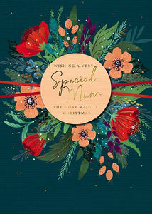 Christmas Card - Mum - Christmas Flowers With Banner