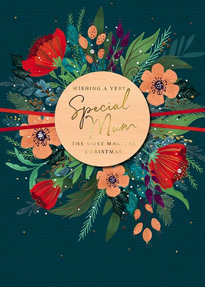 Christmas Card - Mum - Christmas Flowers With Banner