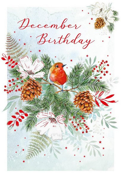 Christmas Card - December Birthday - Robin & Foliage from Nigel Quiney Publications, English Cards in France