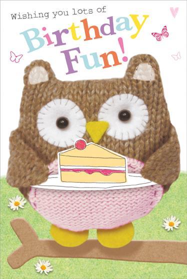 Children's Birthday Card - Knitted Owl/Cake from Nigel Quiney Publications, English Cards in France