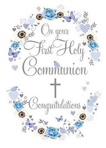 Holy Communion Card - First Holy Communion - Blue Heart Garland from Nigel Quiney Publications, English Cards in France