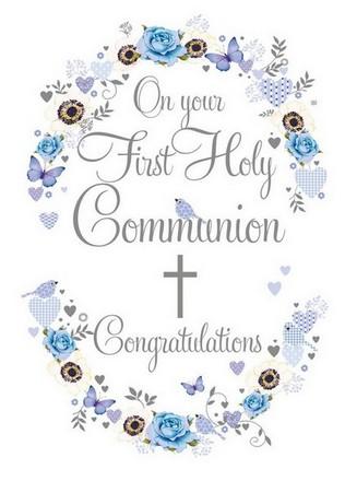 Holy Communion Card - First Holy Communion - Blue Heart Garland from Nigel Quiney Publications, English Cards in France