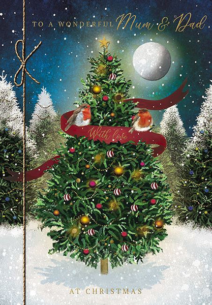 Christmas Card - Mum and Dad - Robins On Christmas Tree 