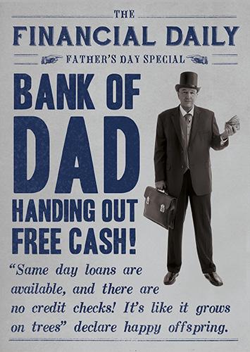 Father's Day Card -  Bank Of Dad Handing Our Free Cash! from Pigment Productions, Father's day cards in France, Cartes de voeux Fete des Peres, English cards in France