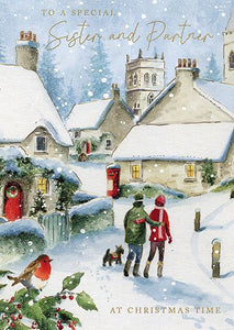 Christmas Card - Sister and Partner - A Couple Walking With Dog On Snowy Town Road