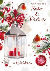 Christmas Card - Sister and Partner - Lantern/Baubles from Nigel Quiney Publications, English Cards in France