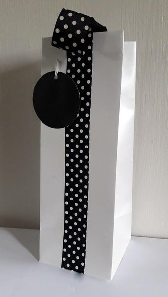 Gift Bag - Bottle Bag - White With Spotty Black Ribbon
