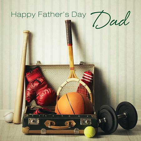 Father's Day Card - Old Suitcase With Sports Equipment from Ling Design, Father's day cards in France, Cartes de voeux Fete des Peres, English cards in France